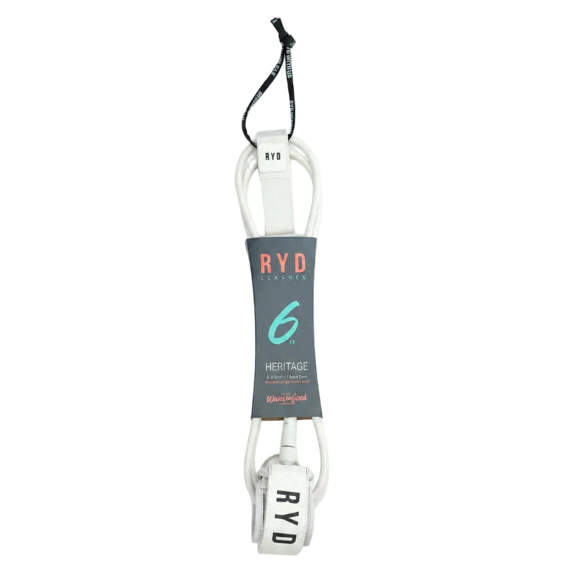 White surfboard leash with 'RYD' branding on a wooden floor