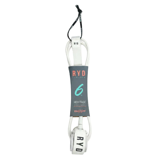 White surfboard leash with 'RYD' branding on a wooden floor