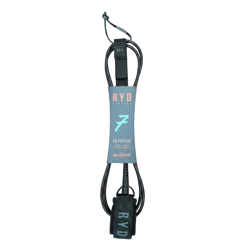 Black surfboard leash with 'RYD' branding on a white background