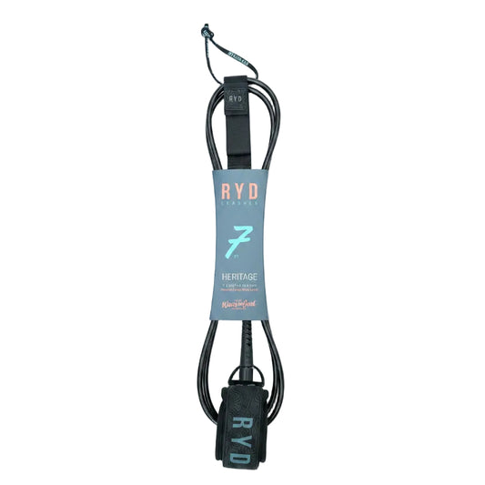 Black surfboard leash with 'RYD' branding on a white background