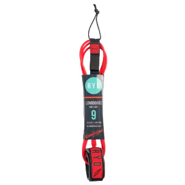 Red and black surfboard leash with RYD branding on a white background