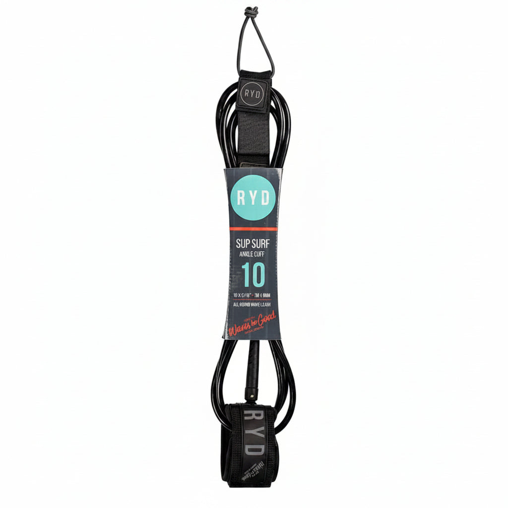 Black surf leash with RYD branding on a white background