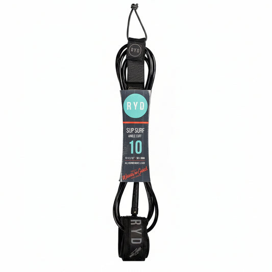 Black surf leash with RYD branding on a white background