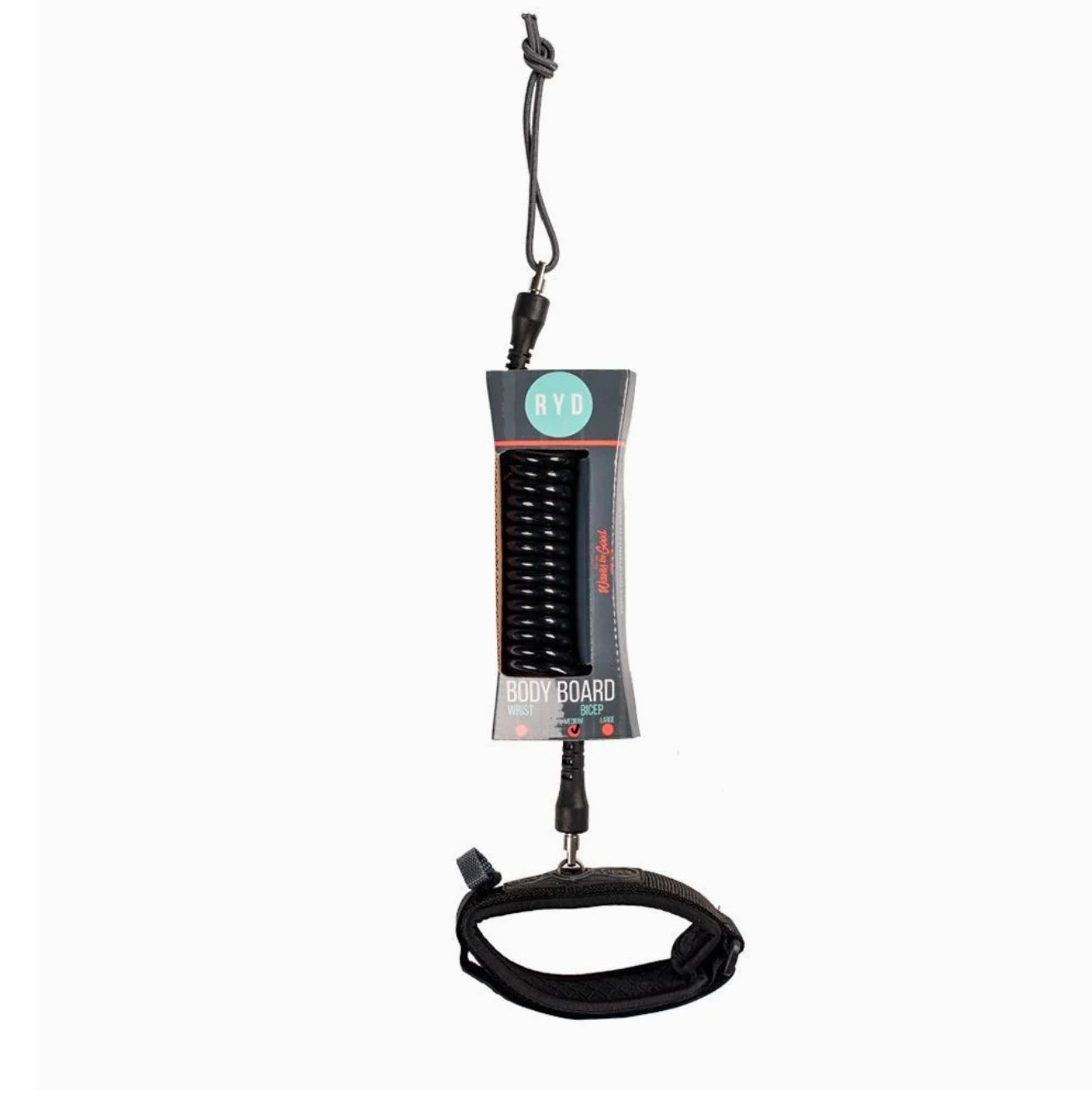 Leash for a water board with a black strap and gray device on a white background