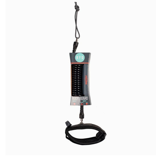 Leash for a water board with a black strap and gray device on a white background