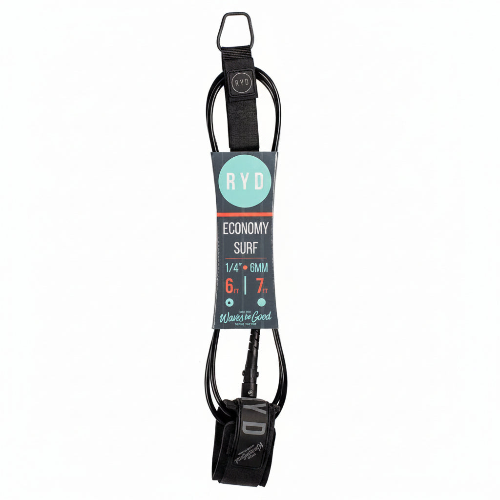 Black surfboard leash with RYD branding on a white background