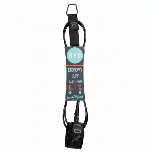 Black surfboard leash with RYD branding on a white background