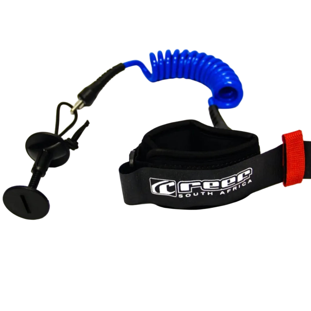 Coiled leash with a black strap featuring a brand logo on a white background