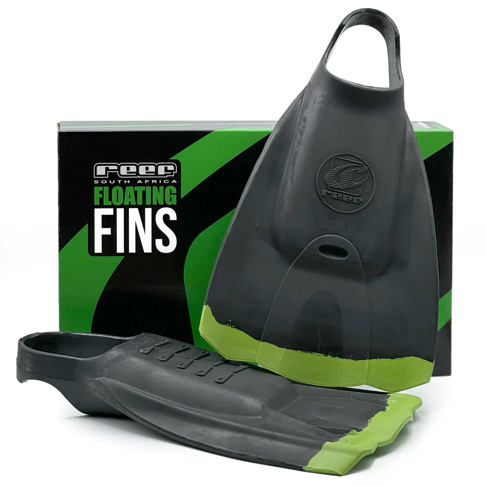 Gray and green floating fins with Reec South Africa packaging on a white background