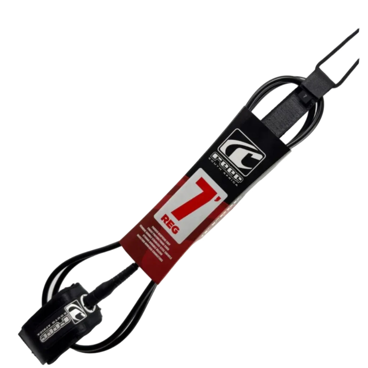 Black and red surfboard leash with a brand logo on a white background