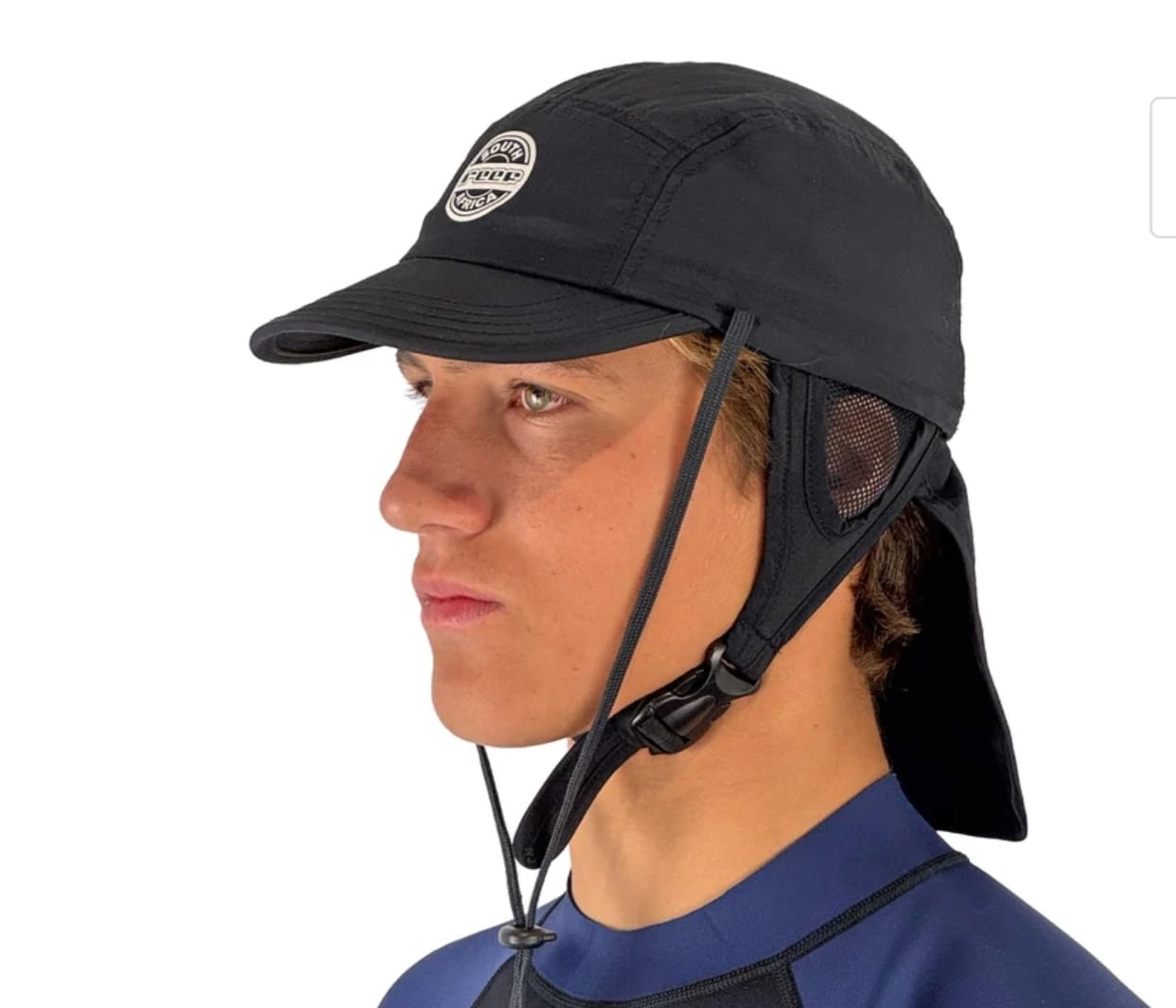 Person wearing a black cap with neck flap on a white background