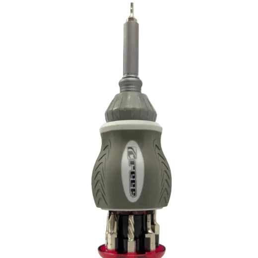 Gray and red screwdriver bit holder with multiple drill bits on a white background