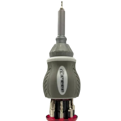 Gray and red screwdriver bit holder with multiple drill bits on a white background