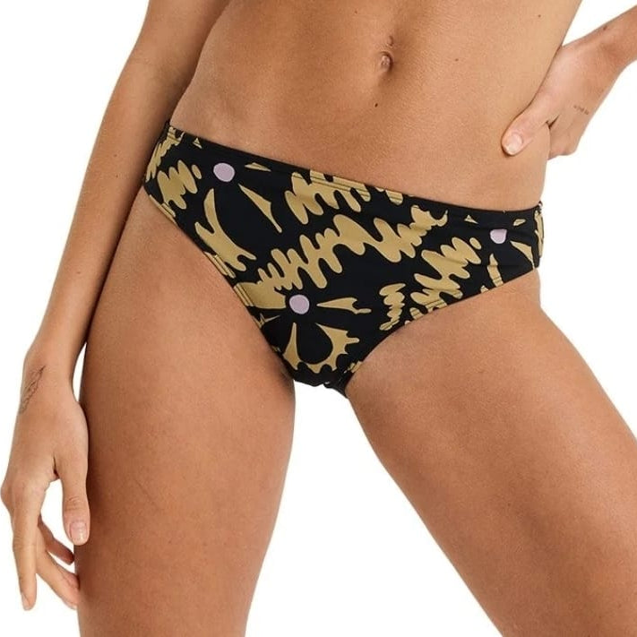 Black and gold patterned bikini bottom on a white background