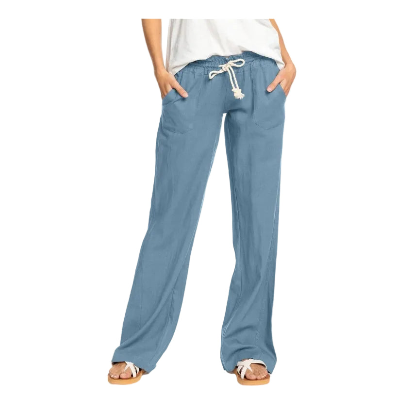 Blue wide-leg pants with a drawstring waist on a white background