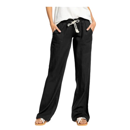 Black wide-leg pants with a drawstring waist on a white background