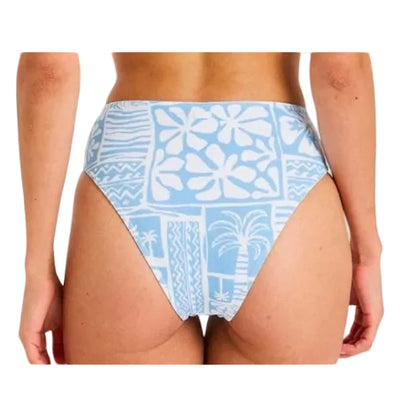 Blue and white patterned bikini bottom on a white background