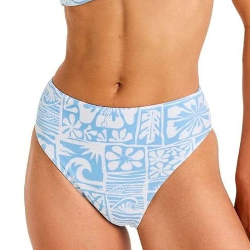 Blue and white patterned bikini bottom on a white background