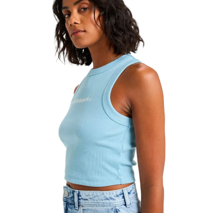 Woman wearing a light blue sleeveless top with text on a white background