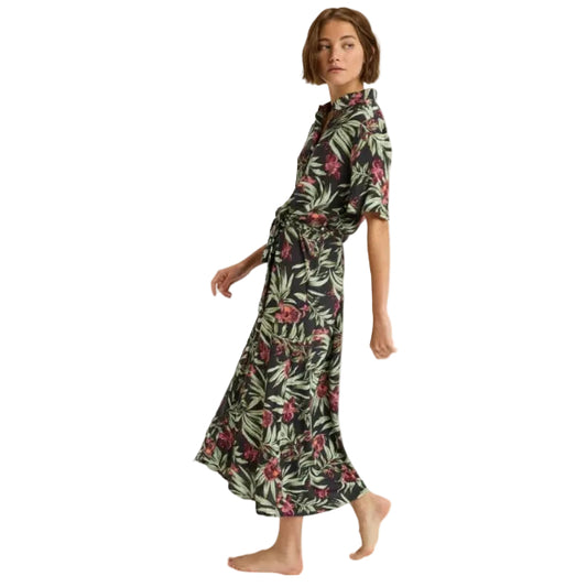 Woman wearing a floral dress on a white background