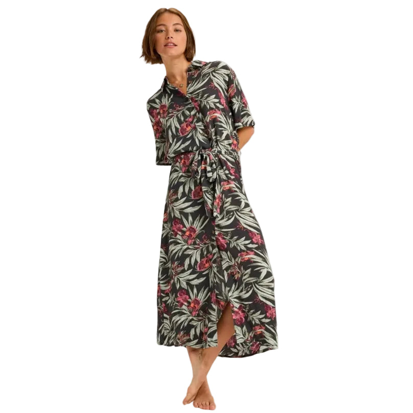 Woman wearing a floral dress on a white background