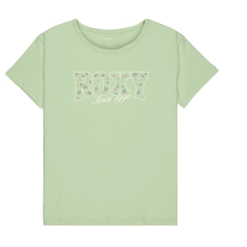 Light green t-shirt with 'Roxy' logo on a white background