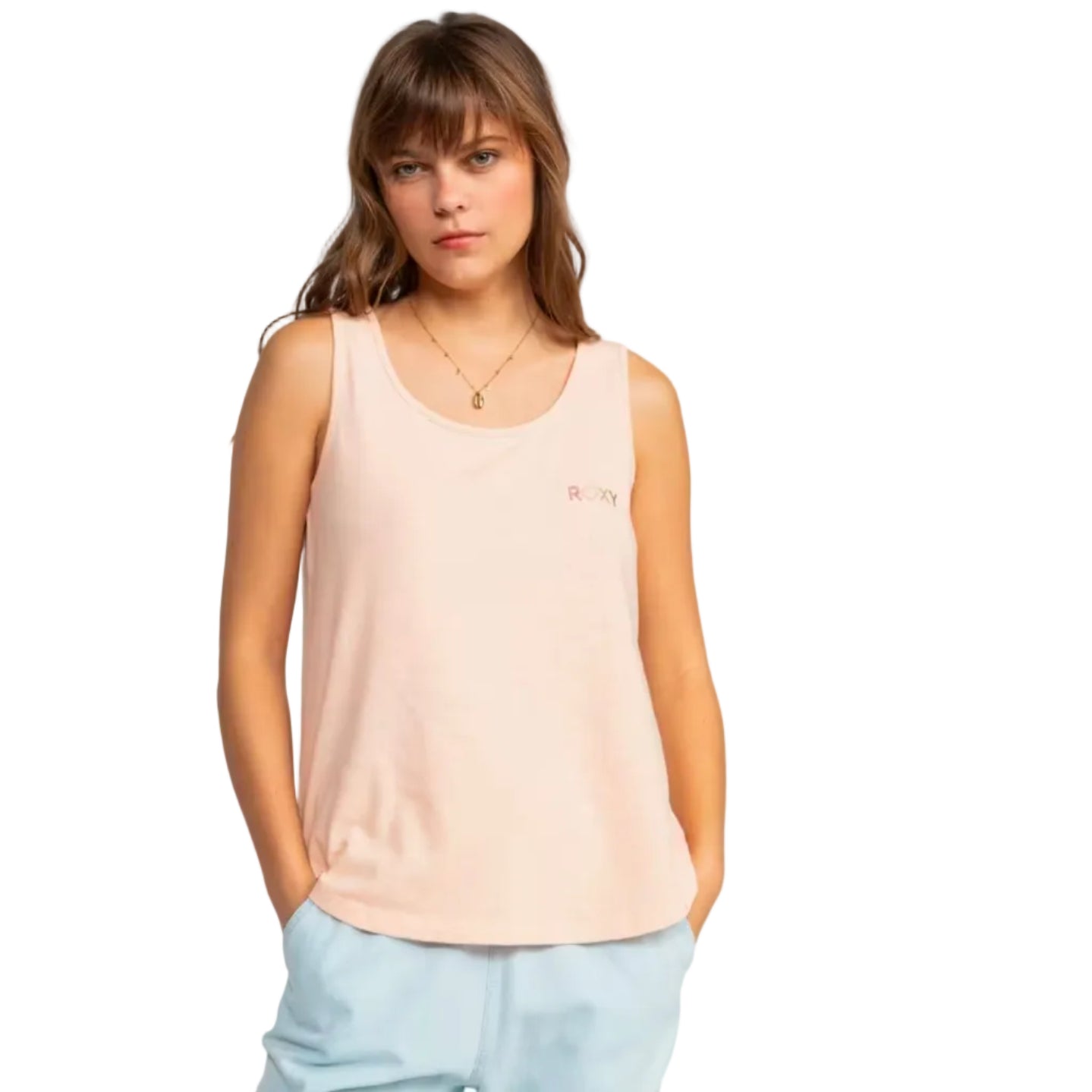 Woman wearing a light pink tank top with a brand logo on a white background