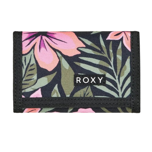 Floral patterned wallet with 'ROXY' branding on a white background