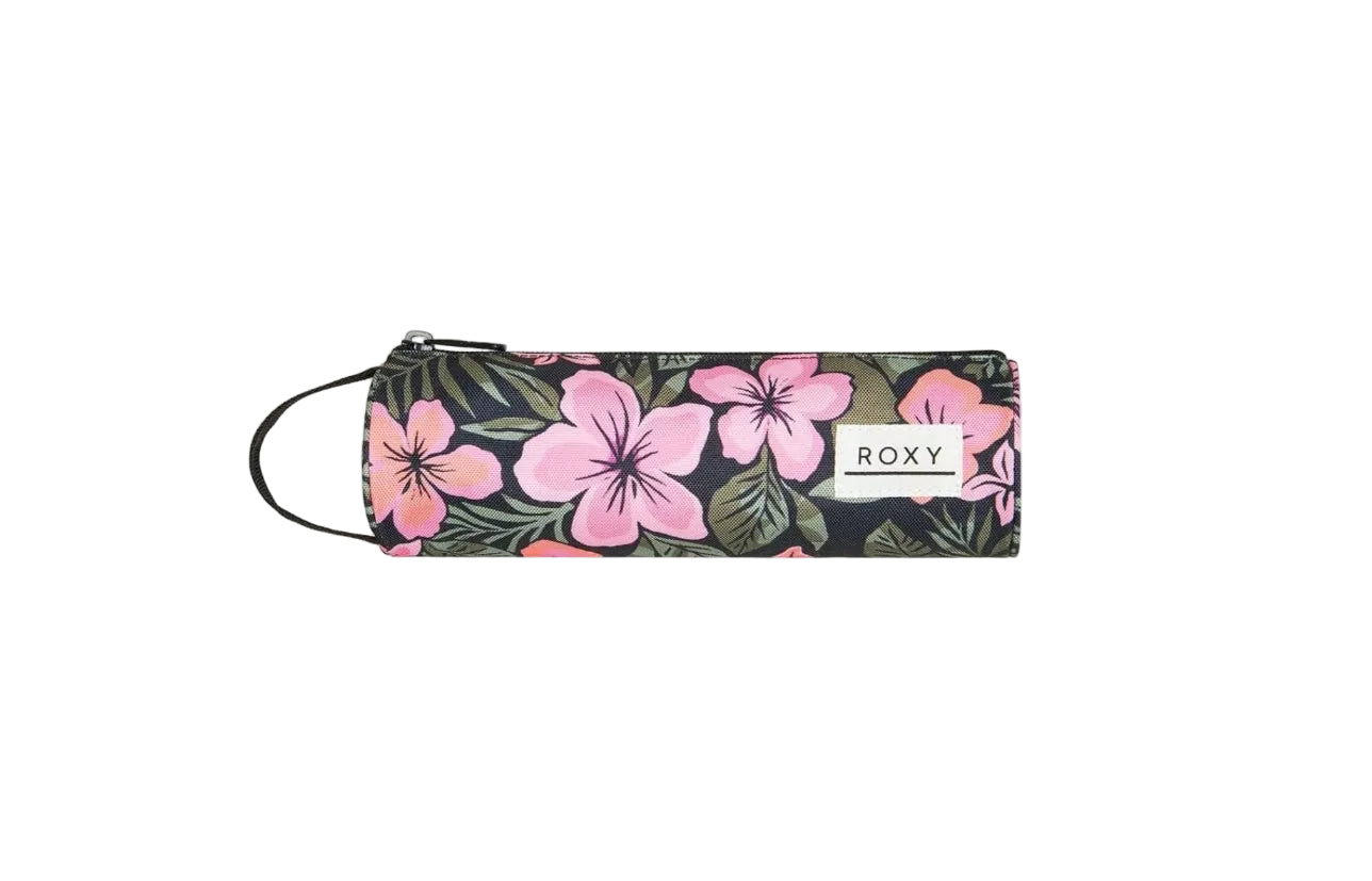 Floral-patterned pouch with 'Roxy' branding on a white background