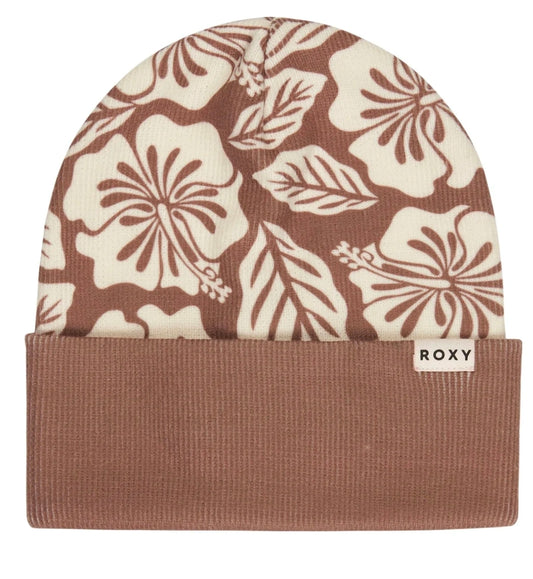 Brown beanie with floral pattern and ROXY logo on a white background