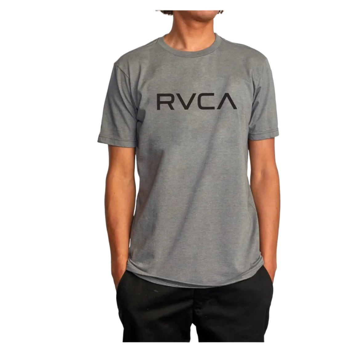 Person wearing a gray RVCA t-shirt on a white background