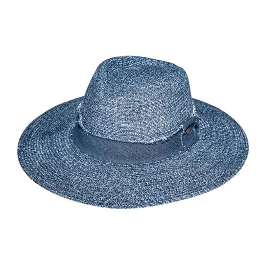 Blue straw hat with a wide brim on a white background