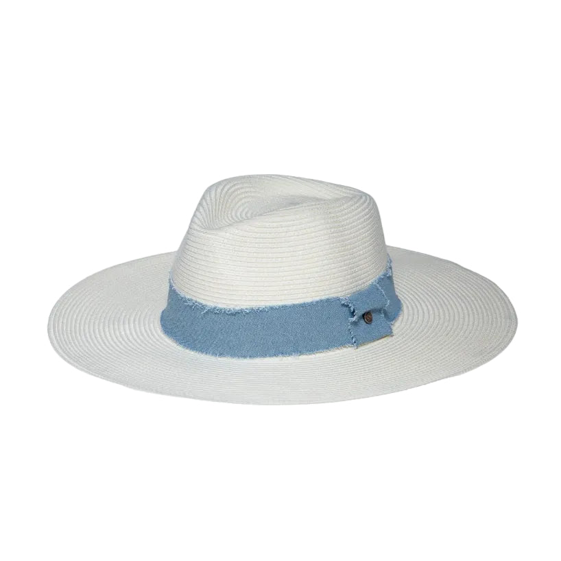 White straw hat with a blue band on a white background