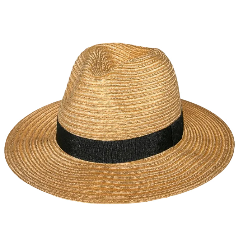 Beige straw hat with a black band on a white background