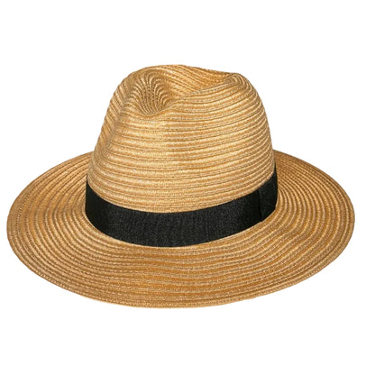 Beige straw hat with a black band on a white background