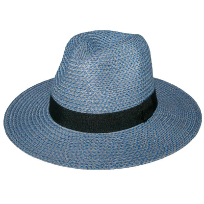 Blue straw hat with a black band on a white background