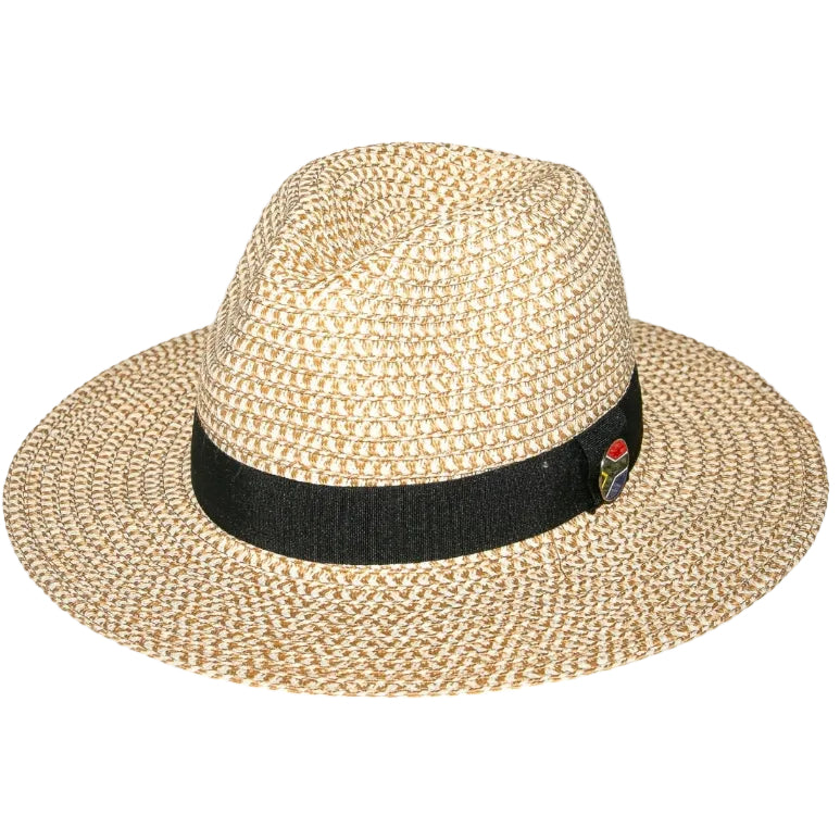 Beige straw hat with a black band featuring a logo on a white background