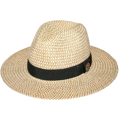Beige straw hat with a black band featuring a logo on a white background