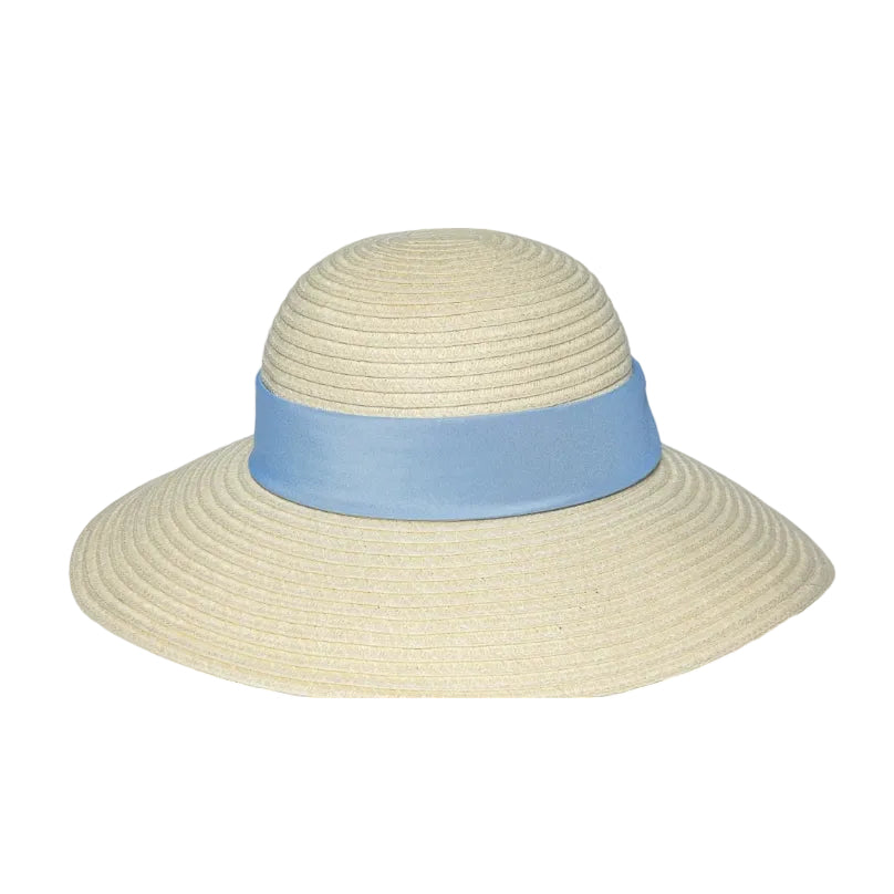 Beige straw hat with a blue band on a white background
