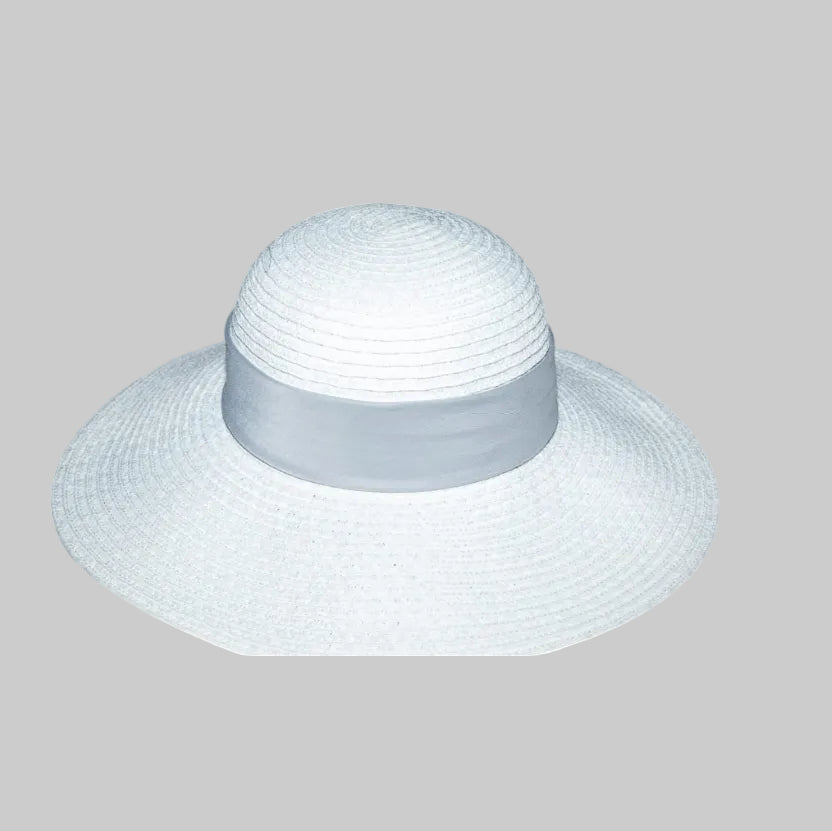 White sun hat with a wide brim on a white background