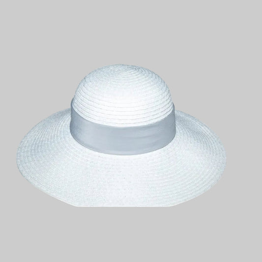 White sun hat with a wide brim on a white background
