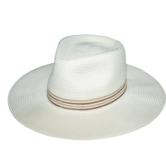 White straw hat with a brown band on a white background