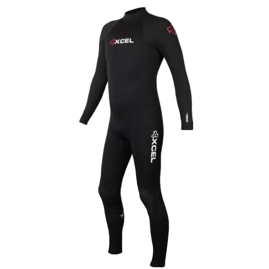 Black wetsuit with Xcel branding on a white background
