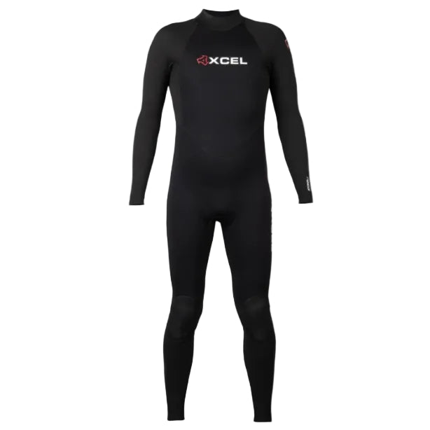 Black wetsuit with XCEL logo on a white background