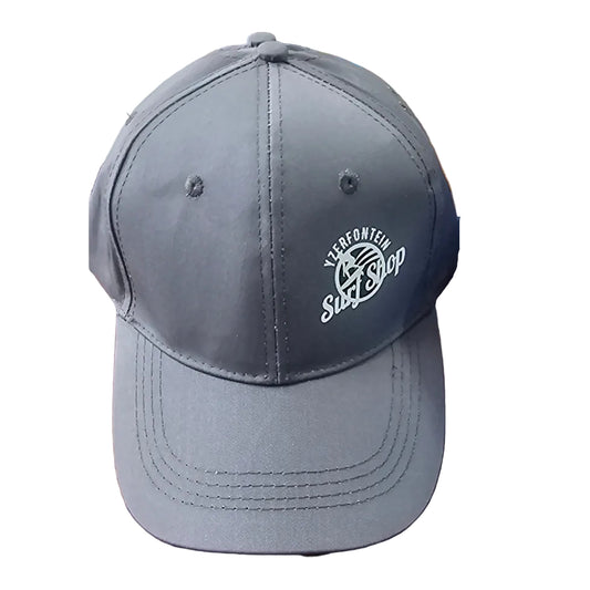 Gray cap with a logo on a wooden surface