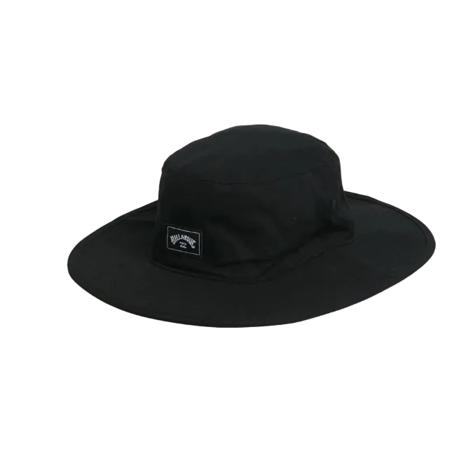 Black bucket hat with a visible brand logo on a white background