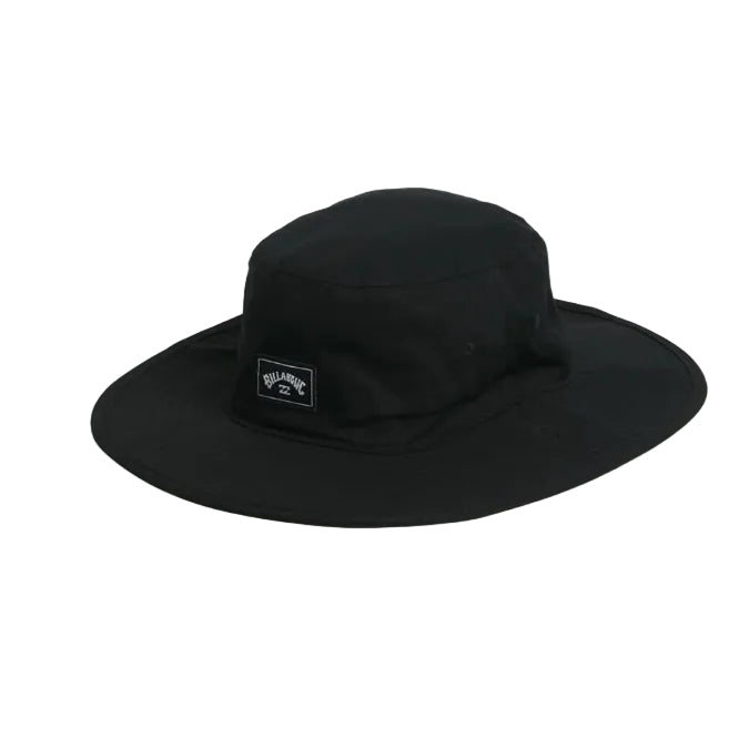 Black bucket hat with a visible brand logo on a white background