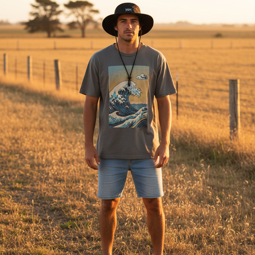 Man standing in a field wearing a graphic t-shirt and shorts during sunset.