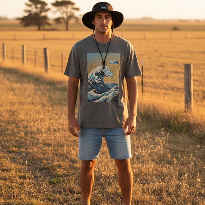 Man standing in a field wearing a graphic t-shirt and shorts during sunset.