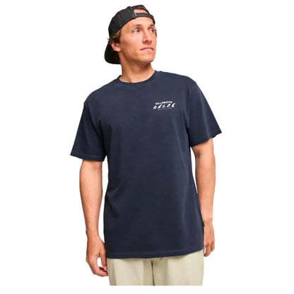 Man wearing a navy blue t-shirt with a logo on a white background